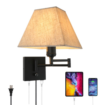 13" Modern Swing Arm Wall Lamp Plug in Wall Sconce with USB and Type-C Port Wall Mounted Lamp with Dimmable Switch