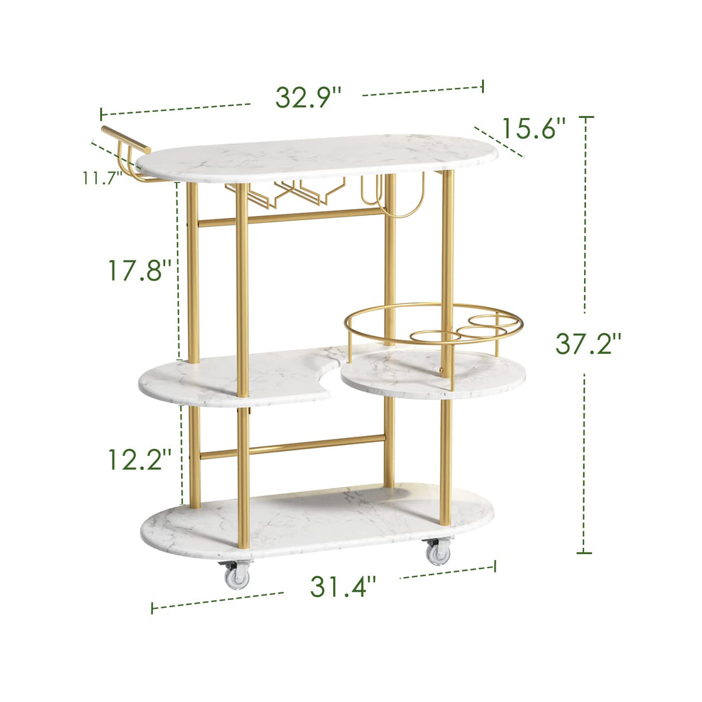 Gold Bar Carts with 4-Tier Storage Shelves, Mobile Bar Serving Cart with Wine Rack and Glass Holder, for The Home