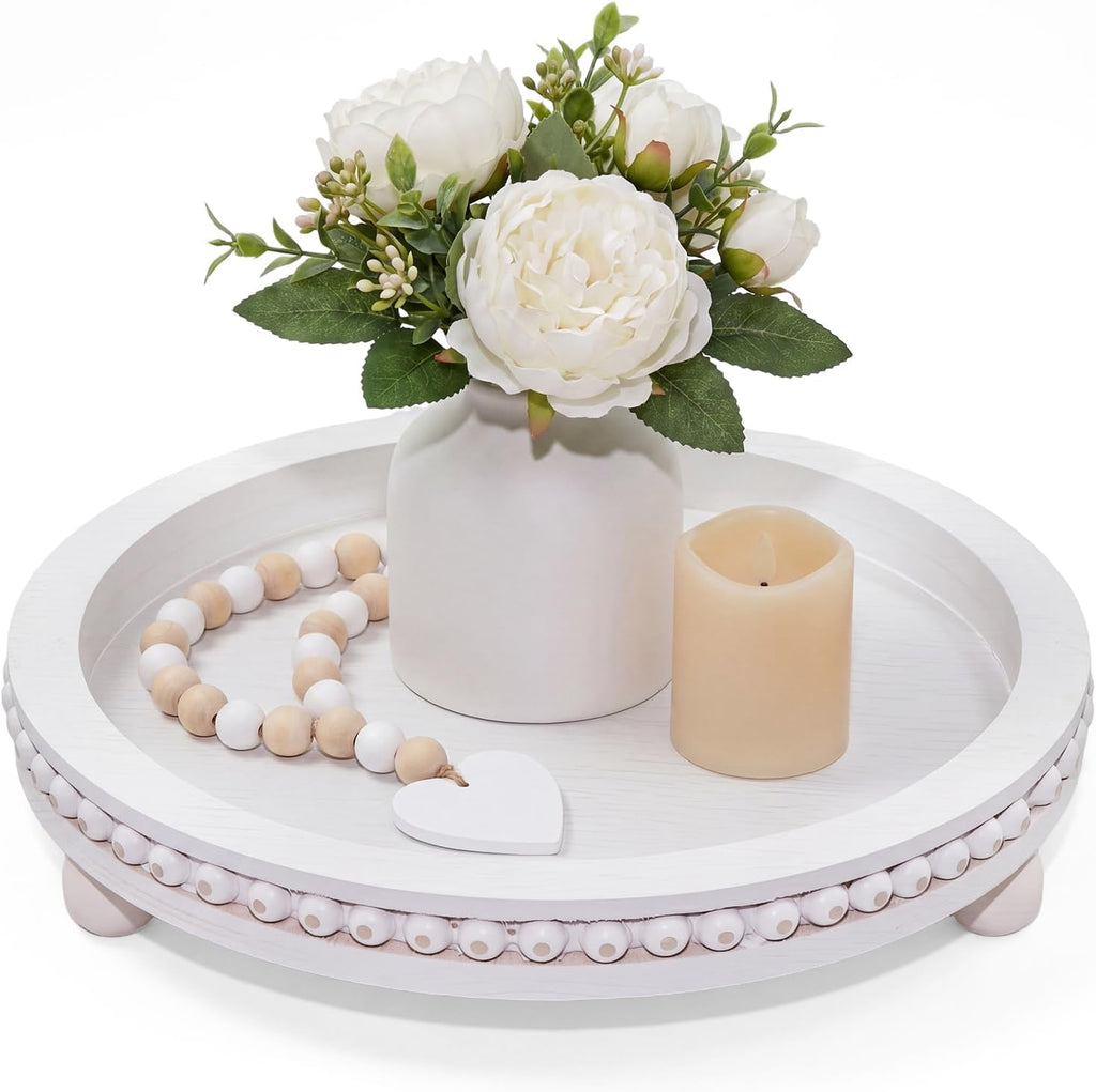 11.8 Inch Round Wooden Decorative Tray, Distressed White Farmhouse Beaded Tray for Coffee Table, Rustic Wood