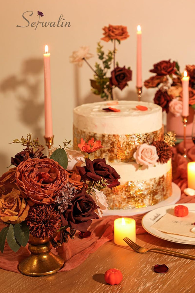Artificial Fall Flowers Burgundy Orange Silk Flowers for Wedding