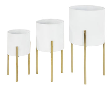Metal Indoor Outdoor Planter Large Planter Pot with Removable Gold Stand, Set of 3 Planters 18", 14", 12"H, White