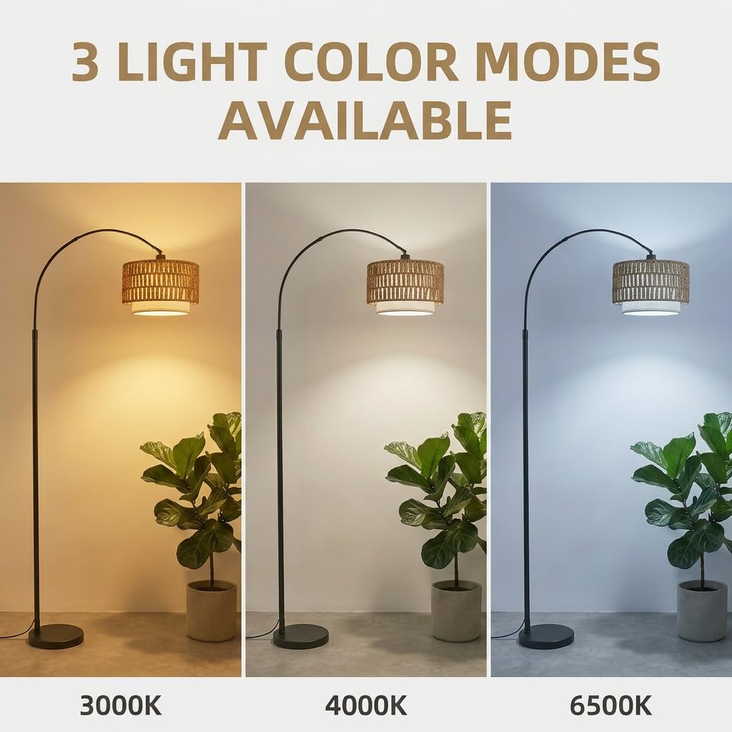 Arc Floor Lamp with 12W Bulb, 61.5"-71.5" Height Adjustable Rattan Floor Lamps with 3 Color Temps, Farmhouse Arched