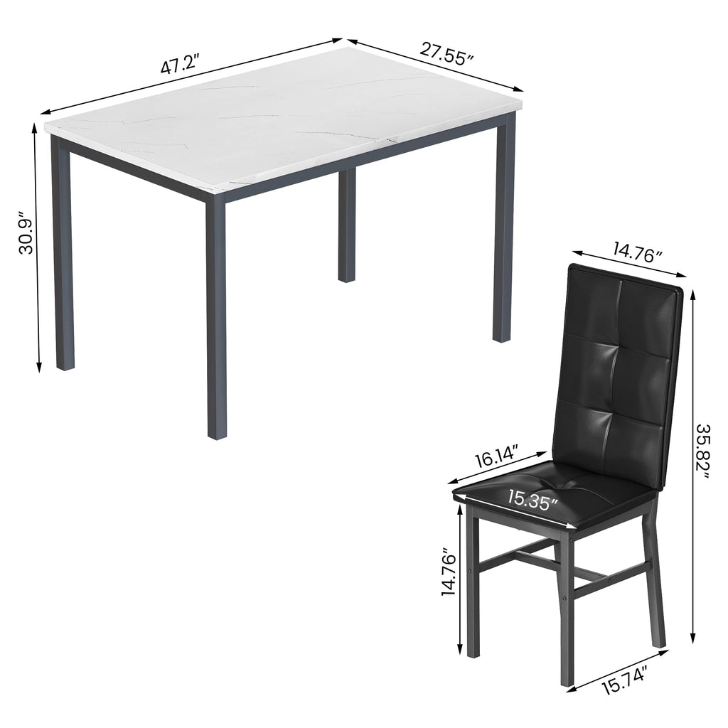 Dining Table Set for 4, Faux Marble Small Kitchen Table with 4 PU Leather Chairs, Modern 5 Piece Dinner Table Set