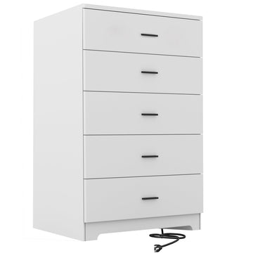Dresser with Power Outlets Wood 5 Drawer Dresser with Large Storage Space White Chest of Drawers with Smooth Metal