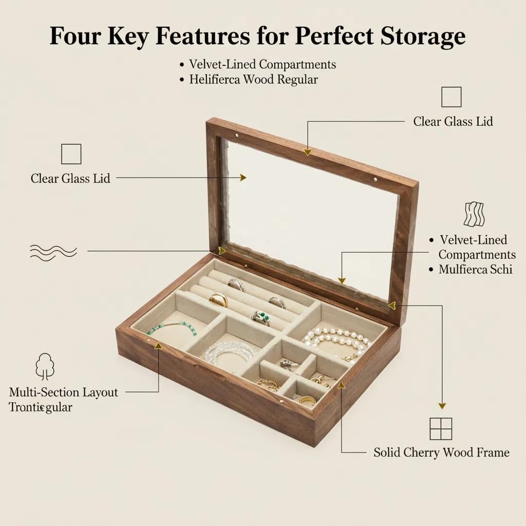 Wooden Jewelry Box with Glass Lid, Multi-Compartment Storage Display Case, Walnut Brown (Silver Walnut)