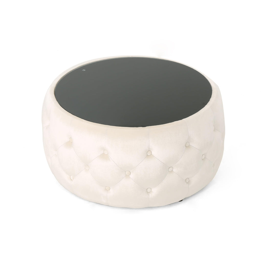 30" Round Velvet Ottoman Coffee Table, Button Tufted Coffee Table with Tempered Glass Top Modern Upholstered Tufted