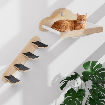 Cat Wall Hammock Mounted Bed with 4 Climbing Steps, Modern Cats Shelves and Perches up to 30lbs, Wooden Kitten Wall