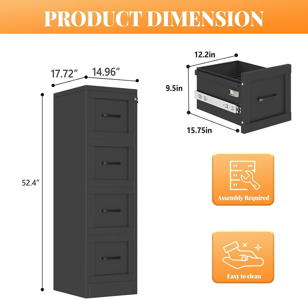 4-Drawer File Cabinet with Lock, Narrow Vertical Filing Cabinets | Metal File Cabinets Storage Cabinet for Letter