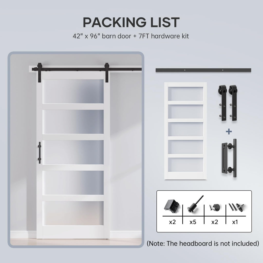 42x96 Inch Glass Sliding Barn Door Slab and 7ft Hardware Kit Included, 5 Frosted Glass, LVL Wood Panel Covered with