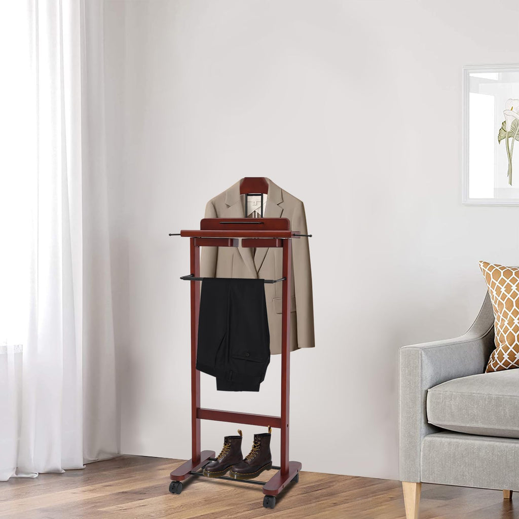 Wooden Freestanding Clothes Stand with Sturdy Base, Multi-functional Suit Valet Stand, Coat Rack with Top Drawer, Tie