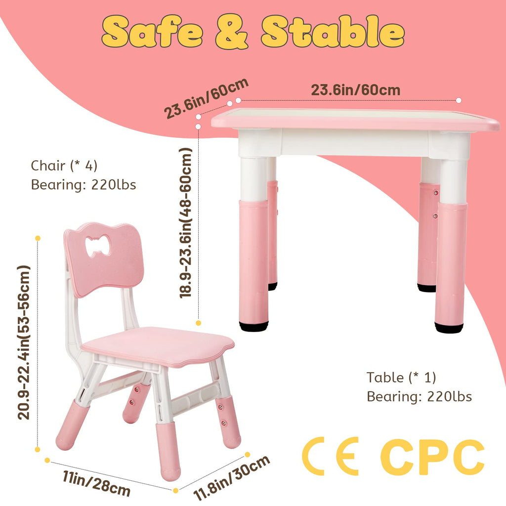 Kids Table and 4 Chairs Set, Height Adjustable Toddler Table and Chair Set for Ages 3-8, Easy to Wipe Arts & Crafts