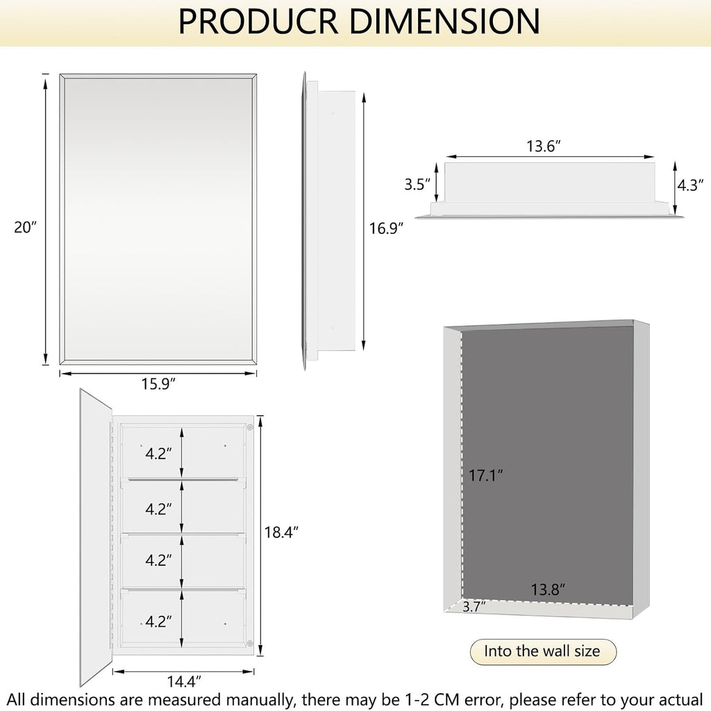 Bathroom Medicine Cabinet with 16x20 in Rectangular Beveled Frameless Mirror,Wall Mounted Mirror Cabinet Toilet