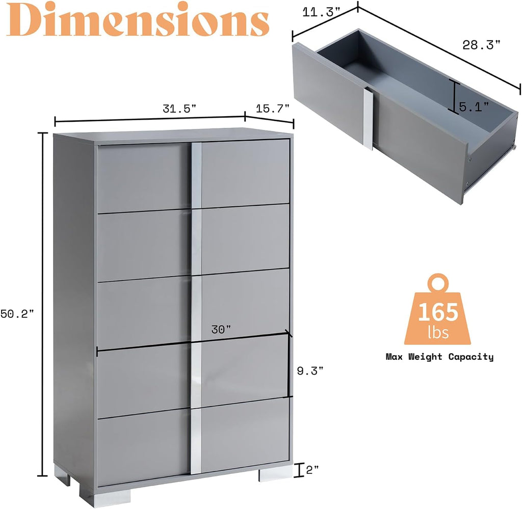 5 Drawer Dresser with Glossy Finish, Modern Storage Chest, Grey | 50.2" Tall Dresser, Storage Organizer, High Gloss