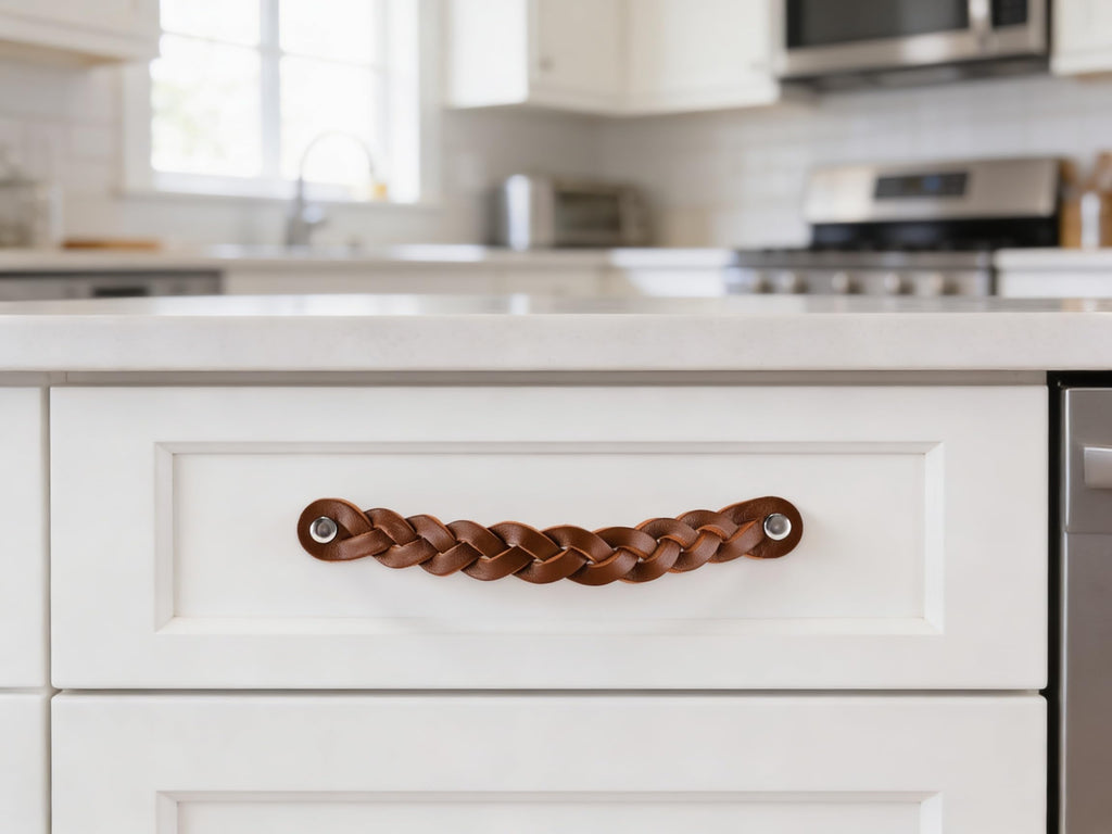 Leather Drawer Pulls - Braided - Cognac - 4 pcs - 6-1/2 x 1 '' - Leather Handle - Leather Dresser Pulls - Cabinet