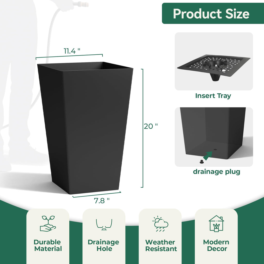 20" Tall Planters Set of 2, Black Tall Plant Pots for Indoor Outdoor