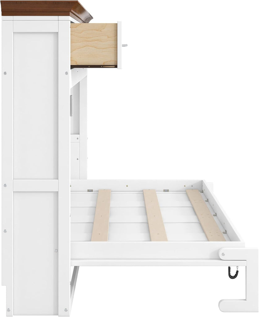 Twin Horizontal Murphy Bed with Storahe Drawers, Can be Folded into a Cabinet for Guest Room, Wood Foldable Wall Bed