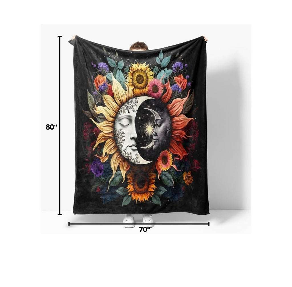 Celestial Sun Moon Flannel Blanket Boho Mid Century Day and Night Throw Blanket Farmhouse Colorfl Sunflower Throw