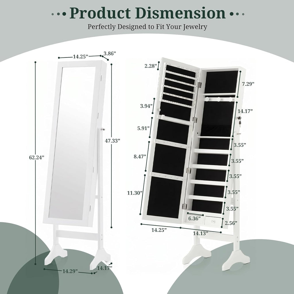 Freestanding Jewelry Armoire Cabinet, 47.3" Full Length Mirror Jewelry Organizer, Lockable Standing Jewelry