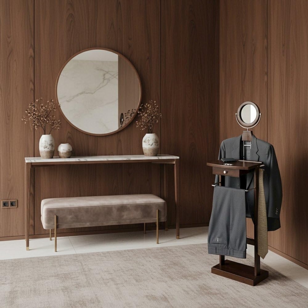 Solid Wood Clothes Valet Stand in Dark Espresso with Round Mirror, Drawer, Tray, Pants and Tie Hangers, and Shoe