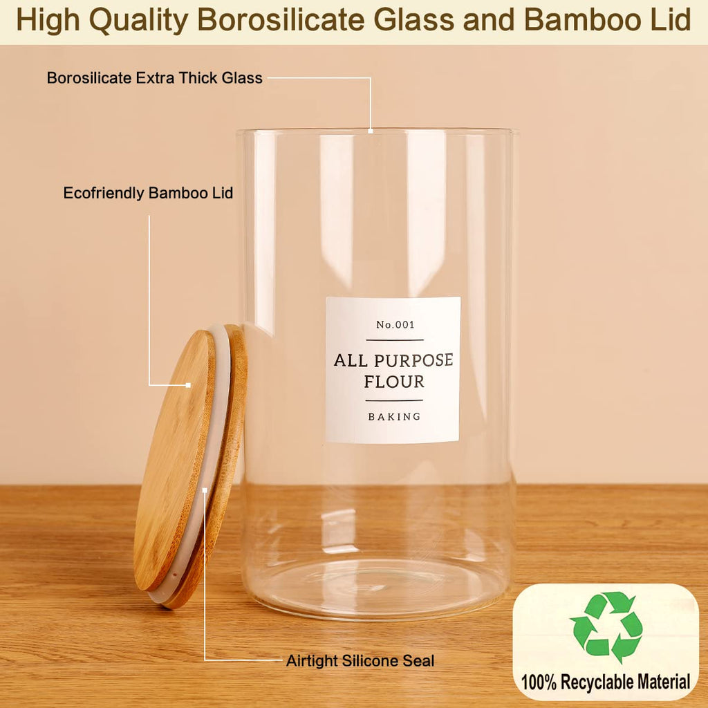 1 Gallon Large Glass Food Storage Containers With Airtight Bamboo Lid - Kitchen Glass Storage Jars Canister With 42