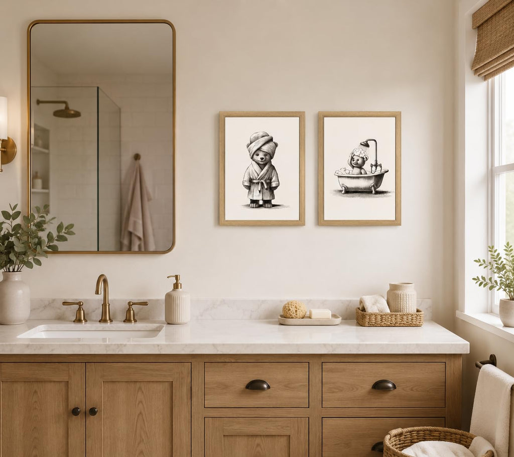 2Pc Framed Bathroom Wall Art Cute Bear Bath Canvas 16x24 Decor