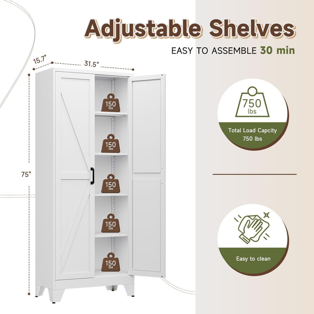 75" H Metal Storage Cabinet with 2 Doors and 4 Shelves, Tall Kitchen Pantry Cabinets, Farmhouse Utility Pantry
