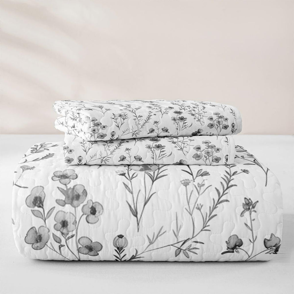 Botanical Floral Quilt Set Modern Flower Bedspread Set Farmhouse Country Quilts Minimalist Cottagecore Gray