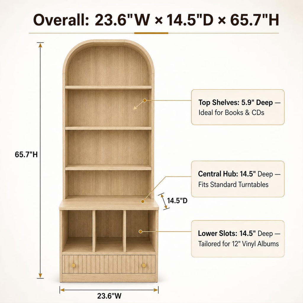 MCM Record Player Bookshelf, Tall Record Player Cabinet with Vinyl Storage and Drawer, Walnut Turntable Stand with