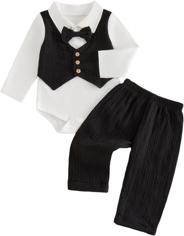 Infant Baby Boy Outfit Gentleman Suit Bowtie Dress Romper Pants Set