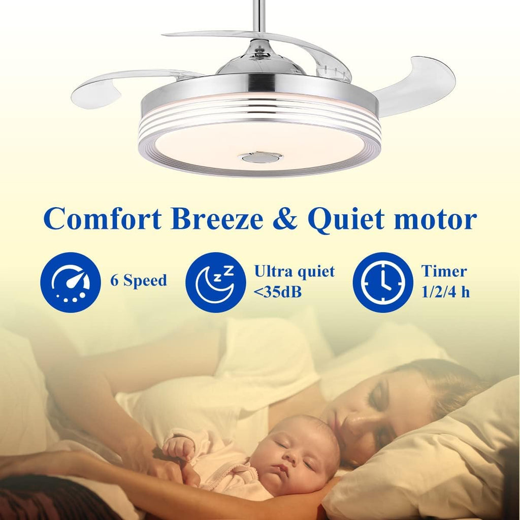 48 inch Modern Retractable Ceiling Fan with Lights and Remote Control, 6Speed Dimmable Fandelier, Smart Ceiling Fan