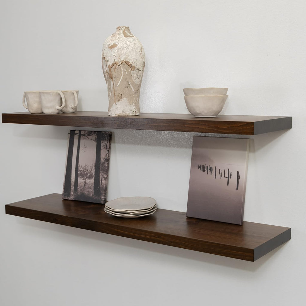 Rustic Floating Shelves, Set of 2, Hidden Bracket, Solid Wood, Heavy Duty, Wall Mounted Shelves, (Provincial, 24Wx12D)