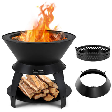 3-in-1 Outdoor Fire Pit, 20" Wood Burning Fire Pits with Removable Wok Ring, Ash Pan & Storage Shelf, Oxygen-Enriched