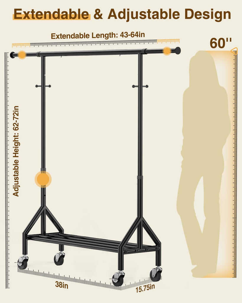 Heavy Duty Clothes Rack Load 520LBS, Adjustable Rolling Clothing Rack with Sturdy Wheel, Industrial Closet Garment