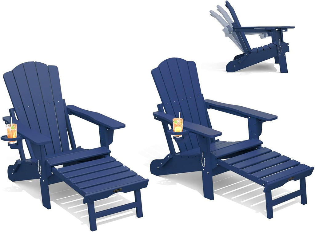 Folding Adirondack Chairs Set of 2, Outdoor Patio Fire Pit Chairs | Adjustable HDPE Chairs with Footrest, Retractable