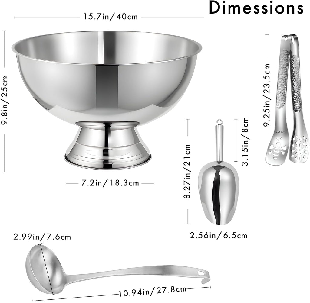 Large Ice Bucket for Parties & Punch Bowl Set, 12L, Silver