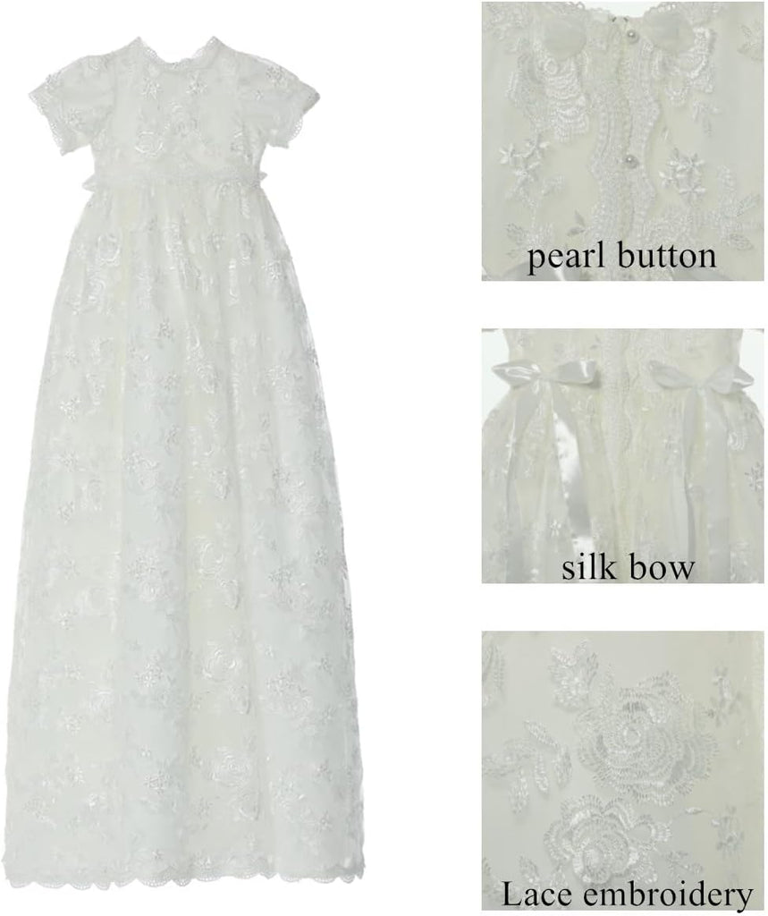 Baby Long Christening Gowns 3pcs White Lace Baptism Dress Suit with Bonnet