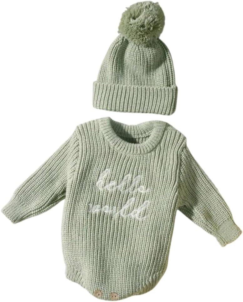 Knit Sweater and Beanie Hat Set, Pom Pom Detail, Long Sleve, Round Neck.