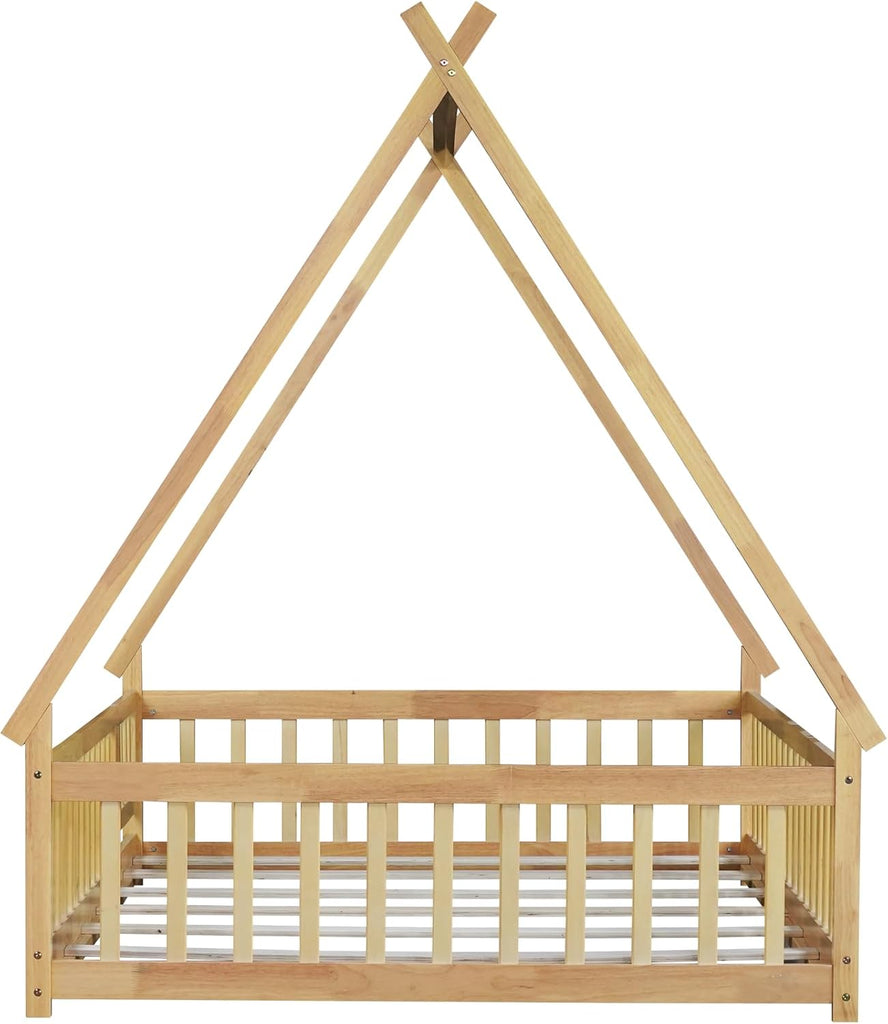 Tent Floor Bed for Kids, Montessori Floor Bed with Door and Guardrails, Teepee Bed for Girls