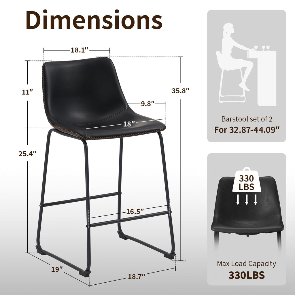 Counter Height Bar Stools Set of 2, 26 Inch Bar Stool with Back