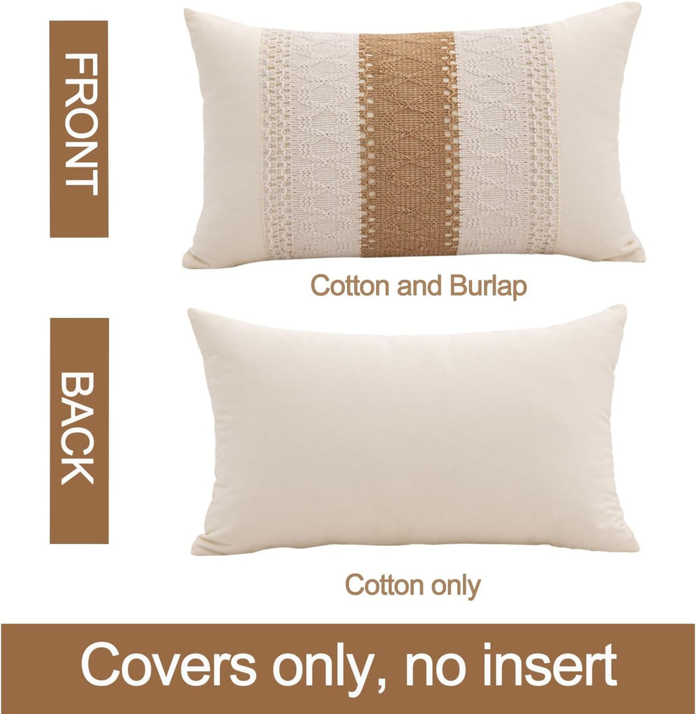 Lumbar Throw Pillow Covers 12 x 20 Inch 1PC for Farmhouse Living Room, Cotton & Burlap Textured Striped Woven Boho