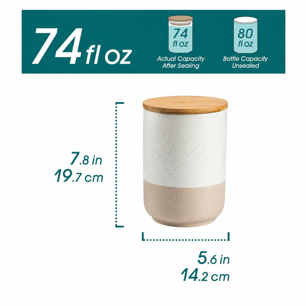 Sabine Large Ceramic Canister with Airtight Wood Lid - 74 oz Kitchen Food Storage Jar for Flour, Sugar, Coffee, Tea &