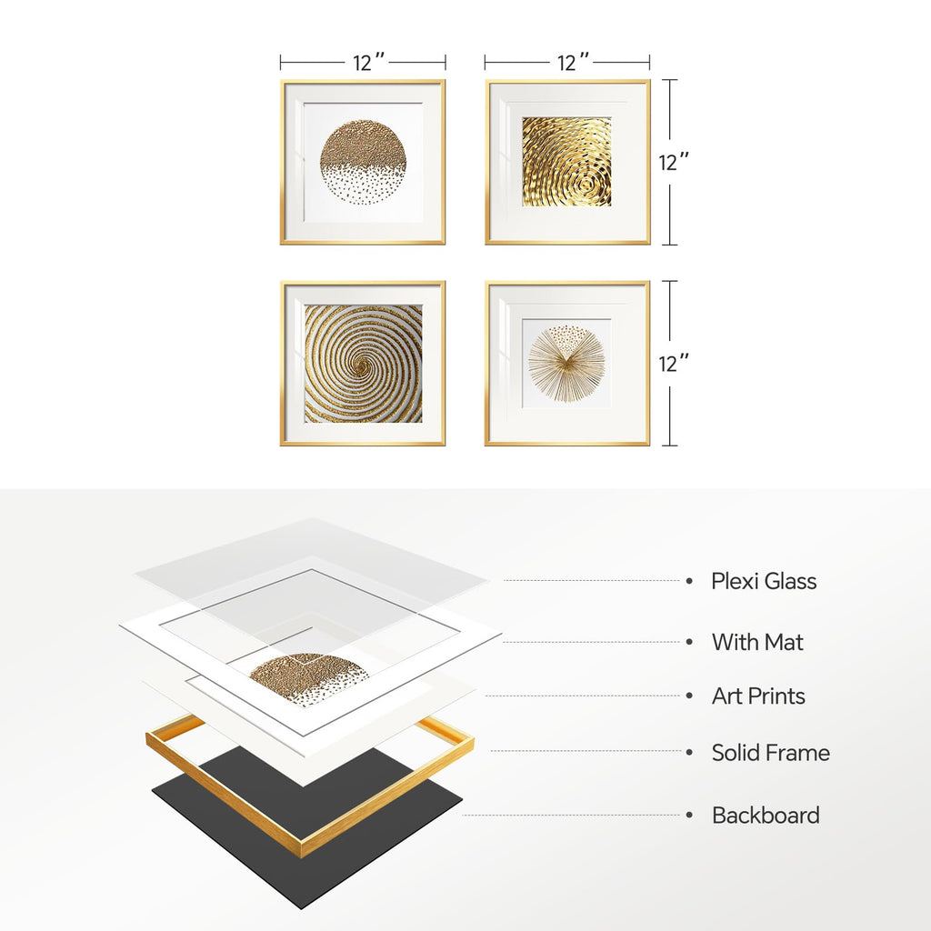 4 Piece Framed Modern Gold and White Wall Art, 12x12 Inch