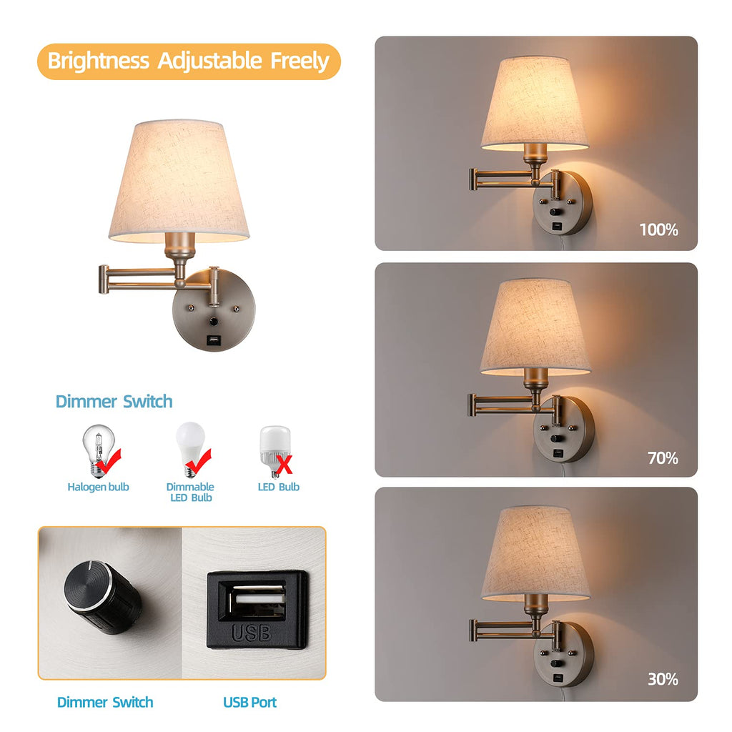 Swing Arm Wall Lamp Wall Mount Lamp with Cord Plug in Wall Sconce Lighting with Dimmable On Off Switch Wall Light