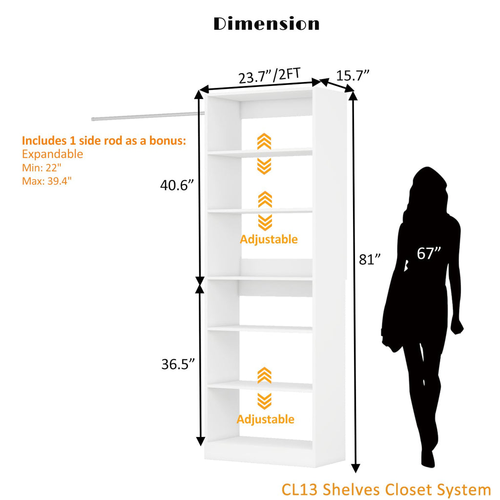 Closet System with 6 Shelves, 2FT Closet Organizer System Small Walk-in Closet Freestanding Corner Closets Shelf