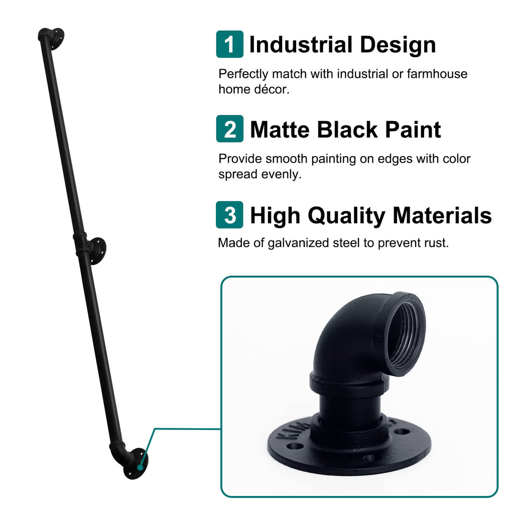 6.6FT Industrial Pipe Wall Handrail, Farmhouse Stairway Railing with 1-1/4 Inch Outer Diameter Pipe, Vintage Style