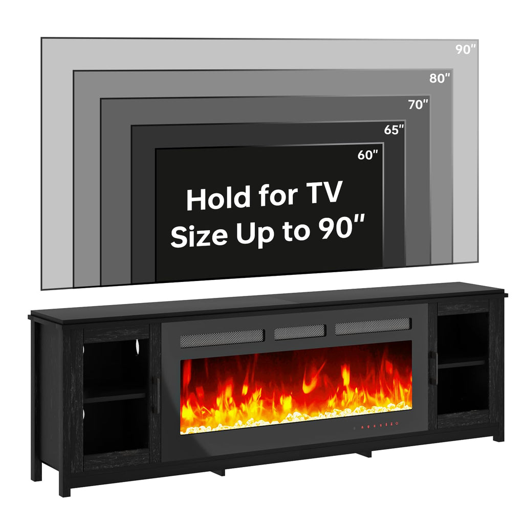 80" Fireplace TV Stand, Modern Entertainment Center with 50 Inch Electric Fireplace, Adjustable Shelf & Glass Door