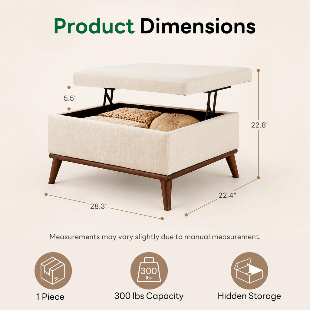 Large Ottoman with Storage, 28.3" Mid Century Modern Rectangle Coffee Table with Lid Lifting Function, High Wooden