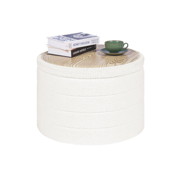 Large Round Folding Storage Ottoman, Cream Boucle Footstool