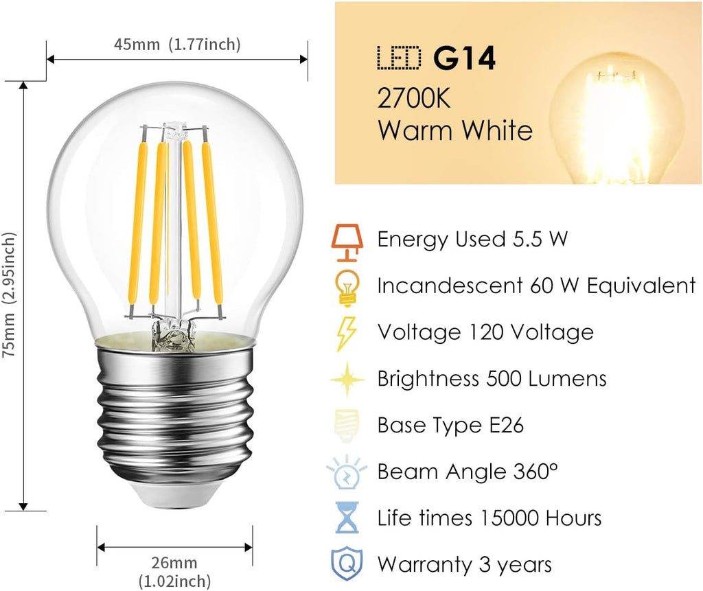 G14 LED Filament Globe Bulb 5.5W(60W Equivalent), Dimmable 2700K Warm White E26 Screw Base, Decorative Edison Light