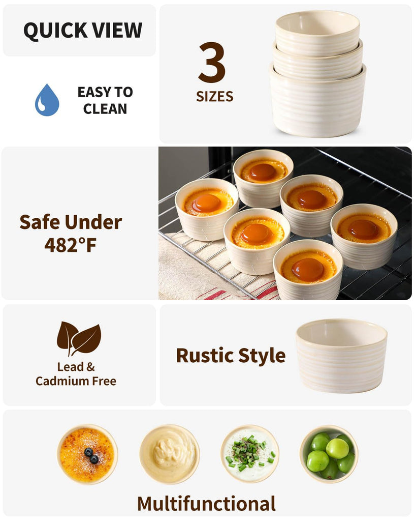 6 oz, Ceramic Creme Brulee Oven Safe, Rustic Souffle Custard Cups for Baking, Dipping, Sauce, Desserts, Ice Cream